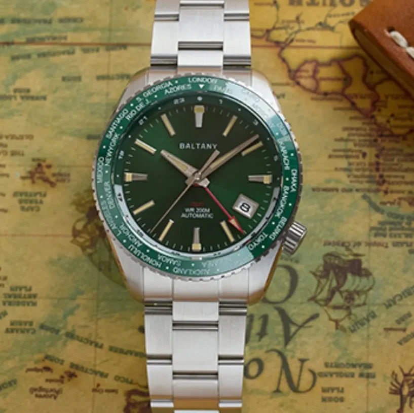 

Baltany Men Automatic Watch 40mm GMT Mechaical Wristwatch Military Sapphire Diver 200M Waterproof Luminous NH34 World Time Bezel