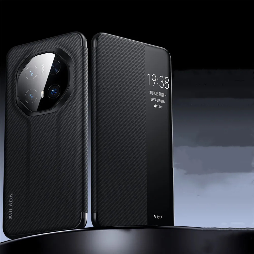 Кожаный чехол с магнитным узором из углеродного волокна для Huawei Mate70 RS, чехол с видом на окно