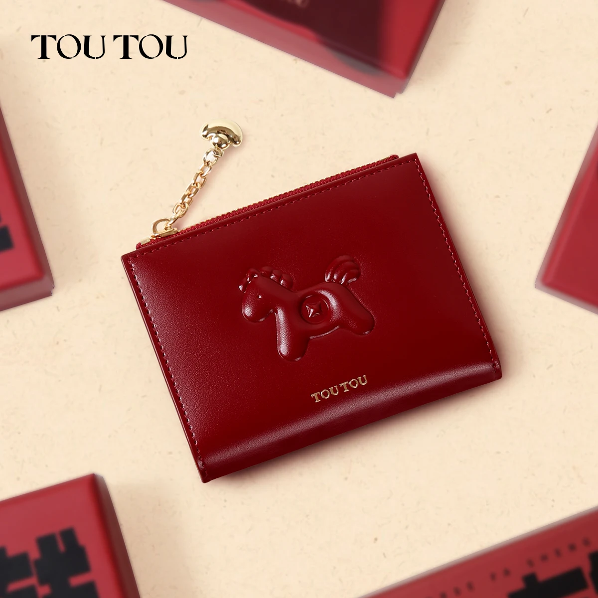 Toutou Red New Cowhide Wallet, a Lightweight, Compact Red Card & Coin Purse, Women's Small Wallet Card Holder Caibu Card Case