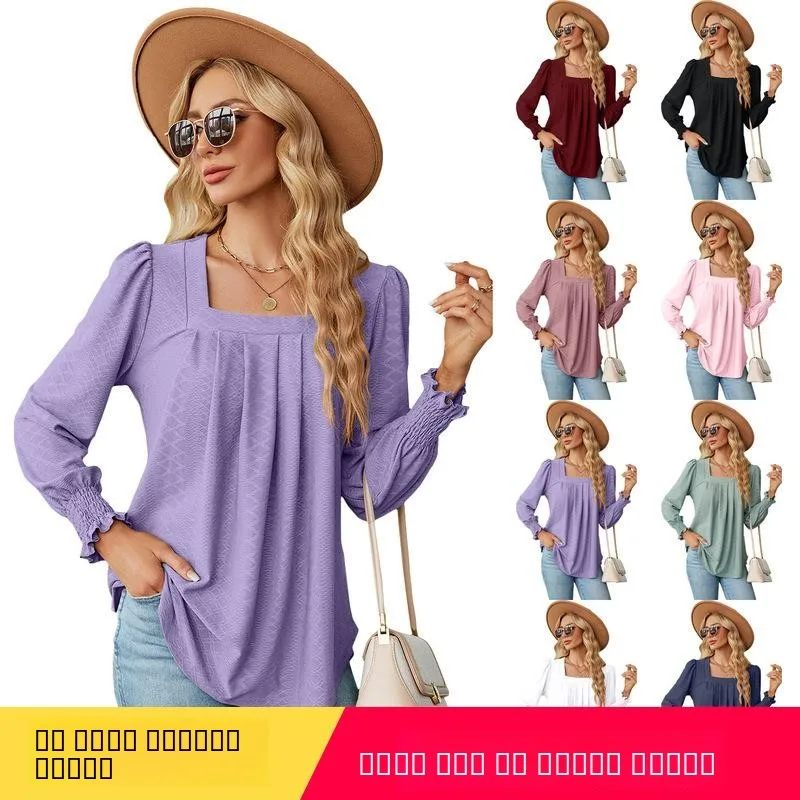 

Women's Long Sve T-irt Sweet Sle Pleated Square Collar Loose Fit Bubble Sve Summer Faion Ladies Top Blouse
