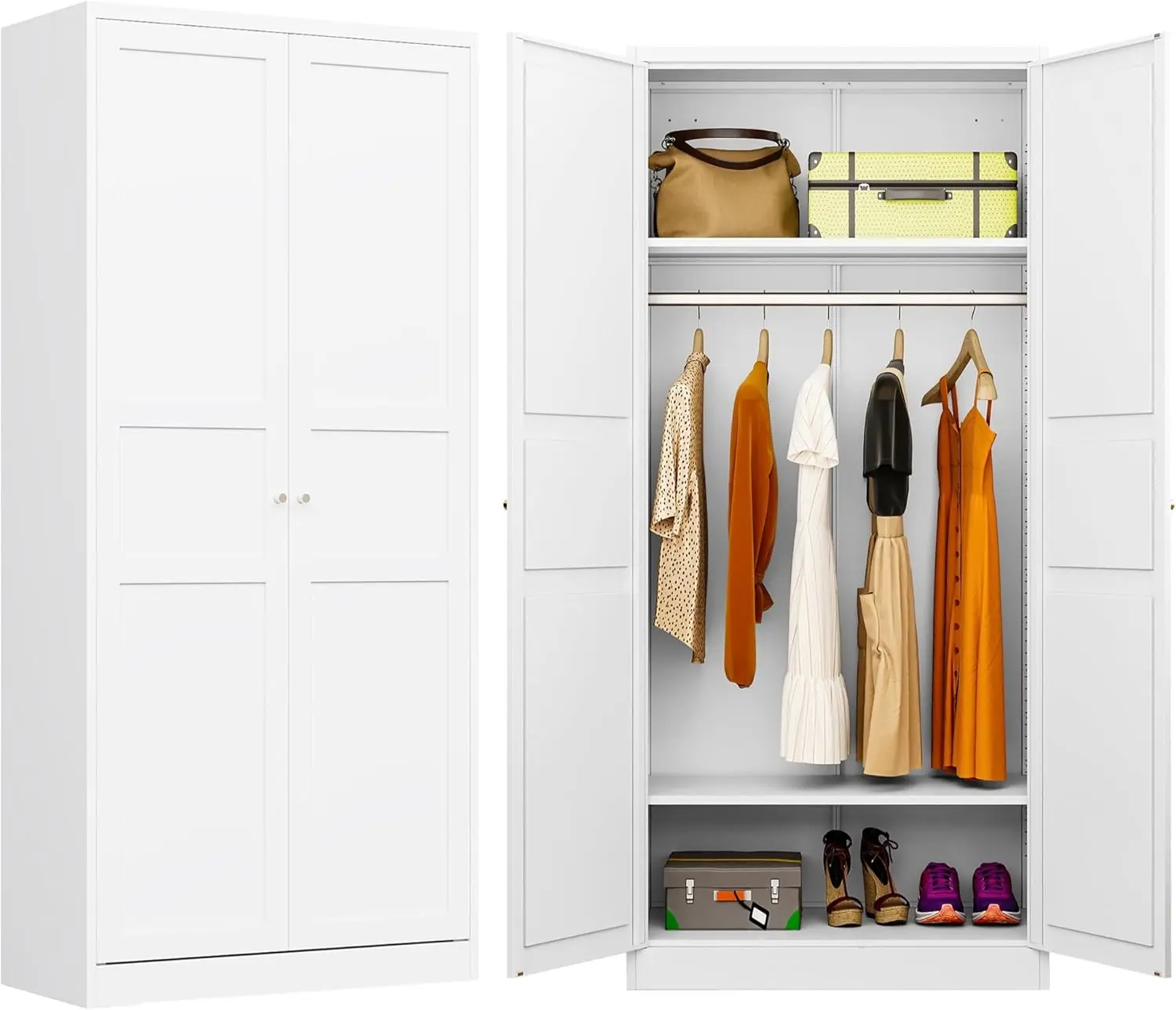 Metal Wardrobe Cabinet,Armoire Wardrobe Closet with doors,White Metal Clothing Storage Cabinet with Adjustable Shelves