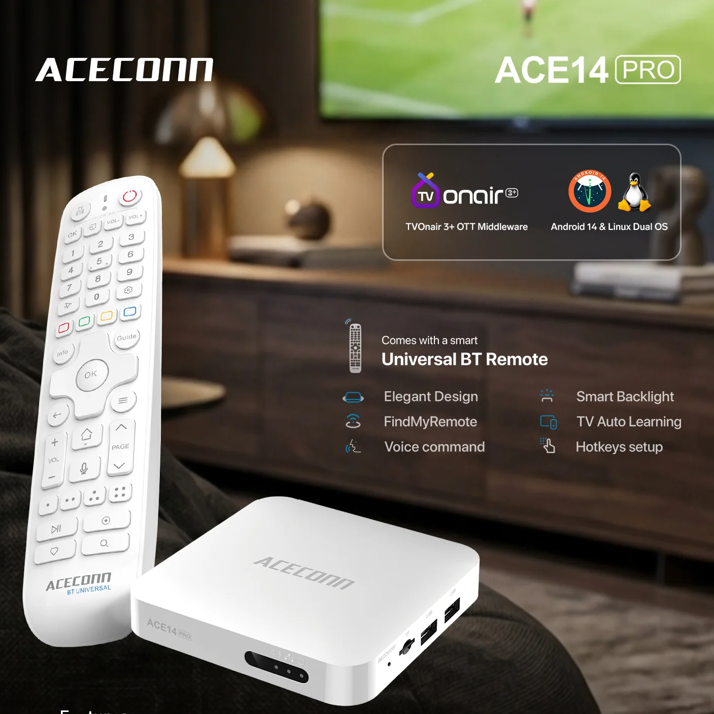 ACE14Pro ACECONN Android14 & Linux OS iptv Box 32GB TVONAIR3+Dual WiFi BT Remote TV Box Streaming