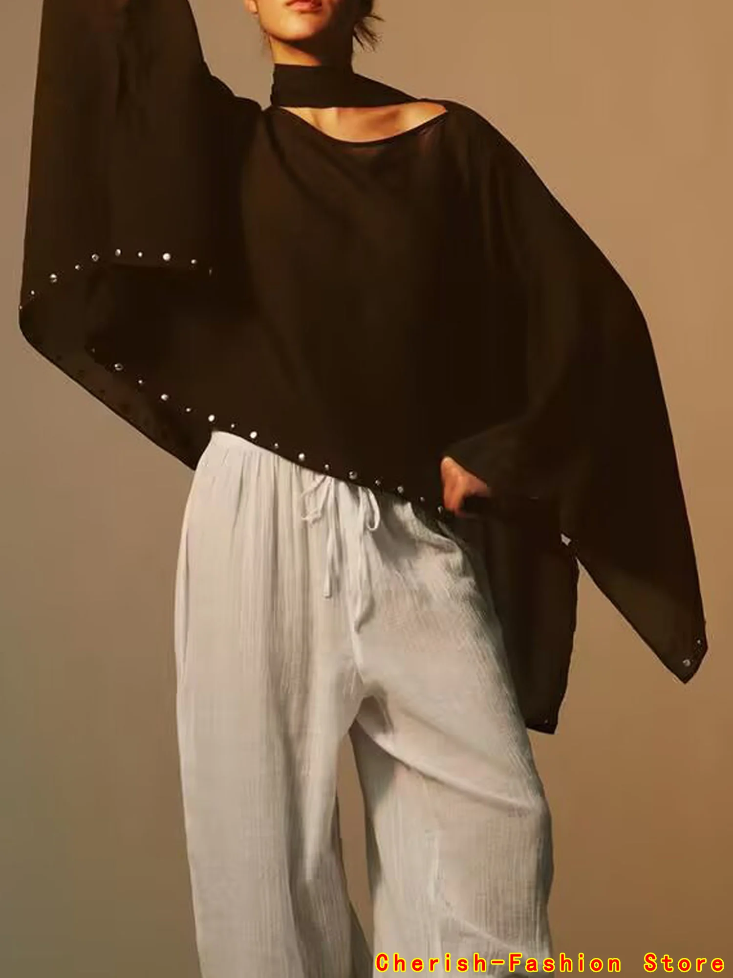 

Brand Hot Streetwear Chic Women Cloak Solid Rivet O-Neck Scarf Collar Long Sleeve Loose Cloak New Fashion 2025 Summer Outwear