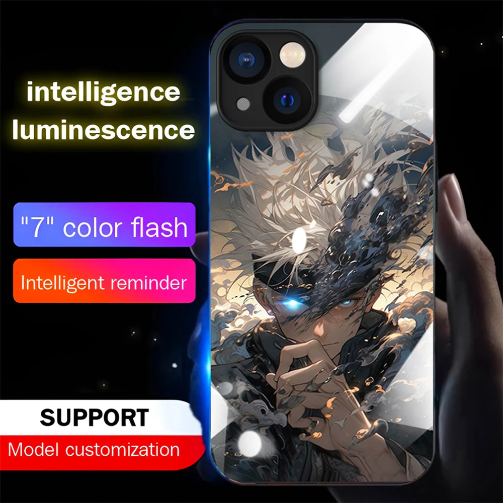 

For Jujutsu Lover Smart LED Light Glow Glass Phone Case Glitter Cover For iPhone 15 14 13 12 11 Pro Max XR XS Plus 6 7 8 SE2020