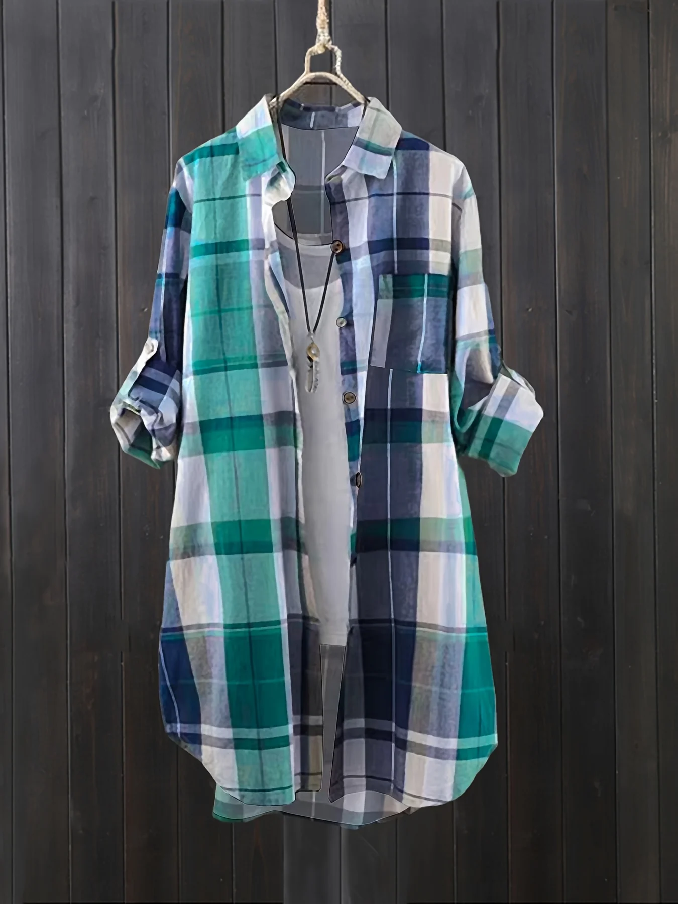 Damen Kariertes Langes Hemd Lässige Lockere Bluse mit Umlegekragen Knopfleiste Tunika-Oberteil Vintage Karohemd Frühling Herbst Langarm