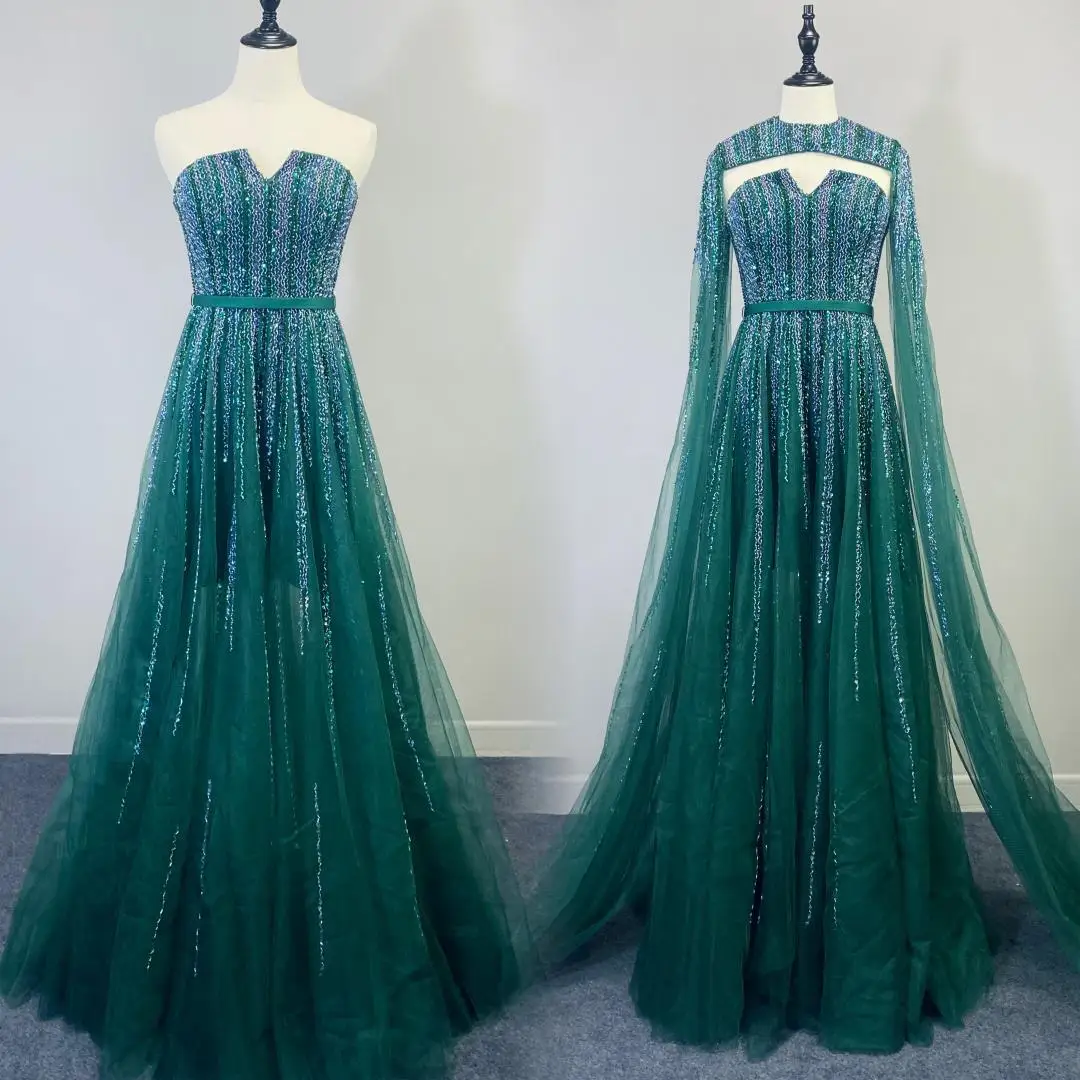 

Real Picture Luxury Hunter Green Women Evening Dresses With Shawl Strapless A Line Tulle Beading Formal Occasion Gown Party Prom