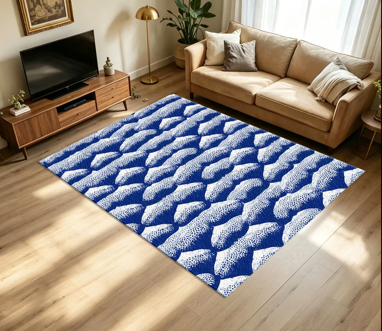 Blue 3D Woven Knit Texture Carpet Flooring, Concave‑Convex Geometric Non‑Slip Area Rug for Living Room Bedroom Indoor Home Decor