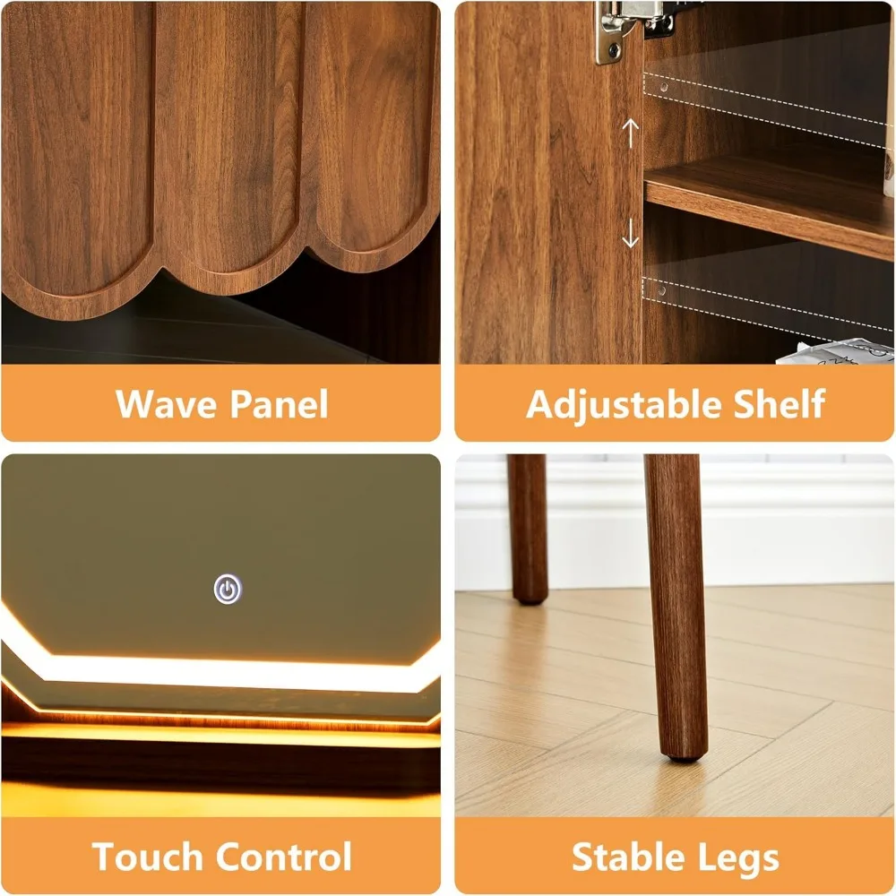 مكتب الغرور المموج الخشبي المعاصر مع مرآة وإضاءة، وطاولة مكياج كاملة مع أدراج تخزين وخزانة لـ Dressi