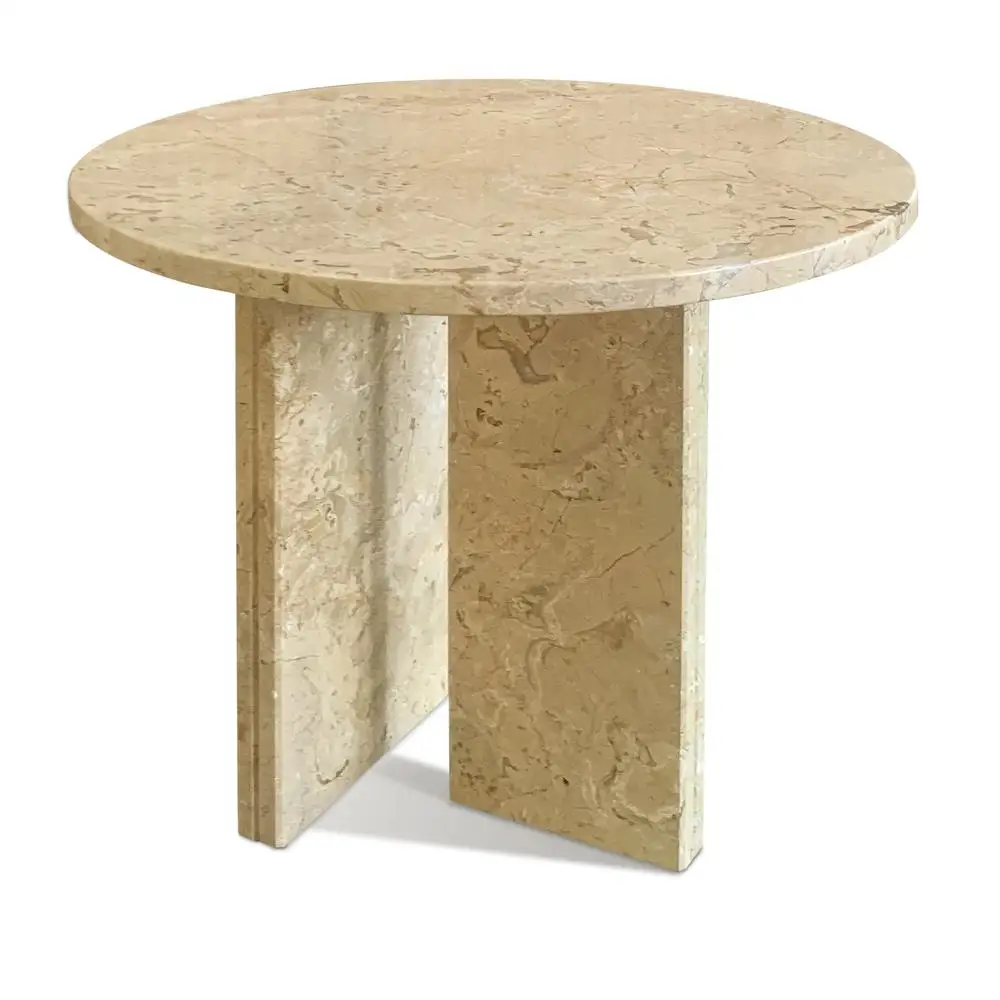 Mesa de centro de mármore natural dourado amarelo bege pequena sala de estar mesa de pedra com detalhes Ø17,7 x 15,8 polegadas mármore polido genuíno