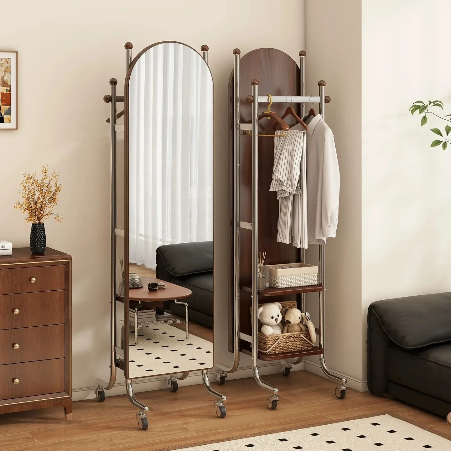 DSA solid wood dressing mirror, movable rotating full-length mirror, hanging hanger, integrated household floor mirror