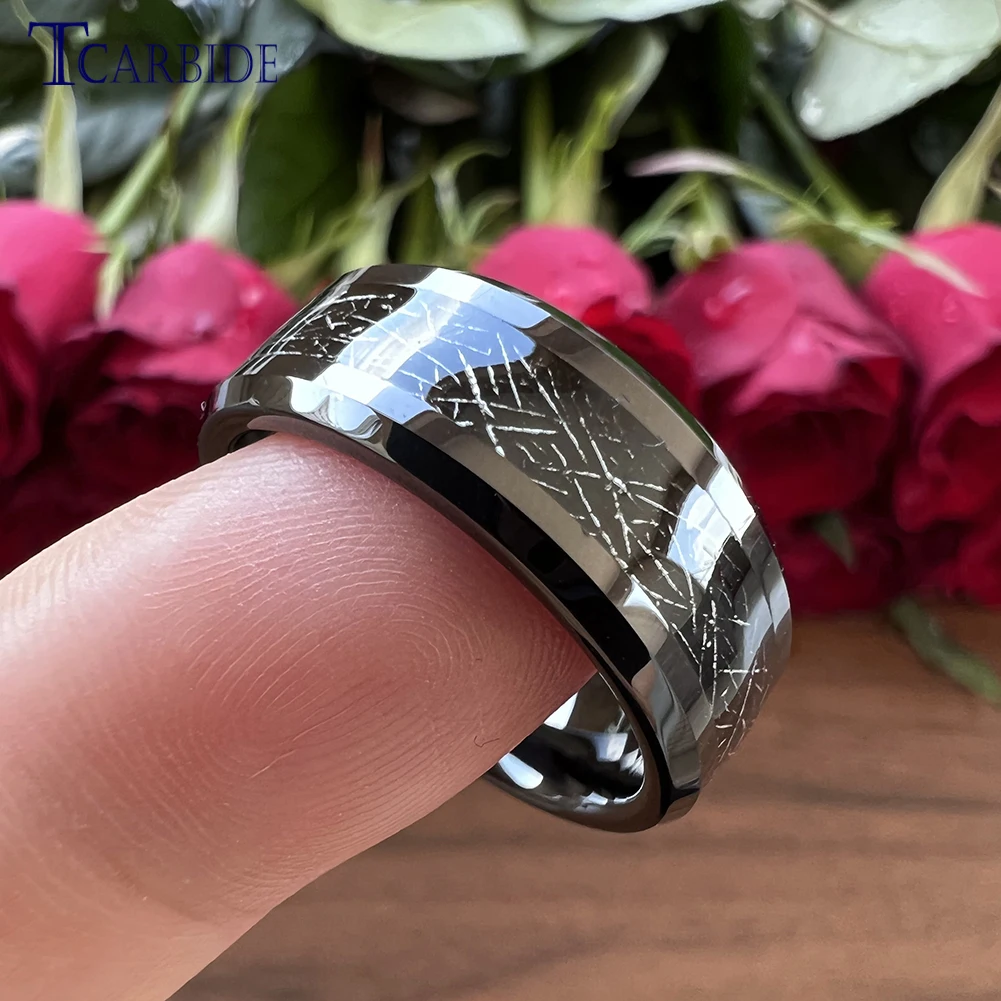 8MM Tungsten Wedding Rings For Men Women Black Meteorite Inlay Beveled Polished Trendy Gift Jewelry Comfort Fit