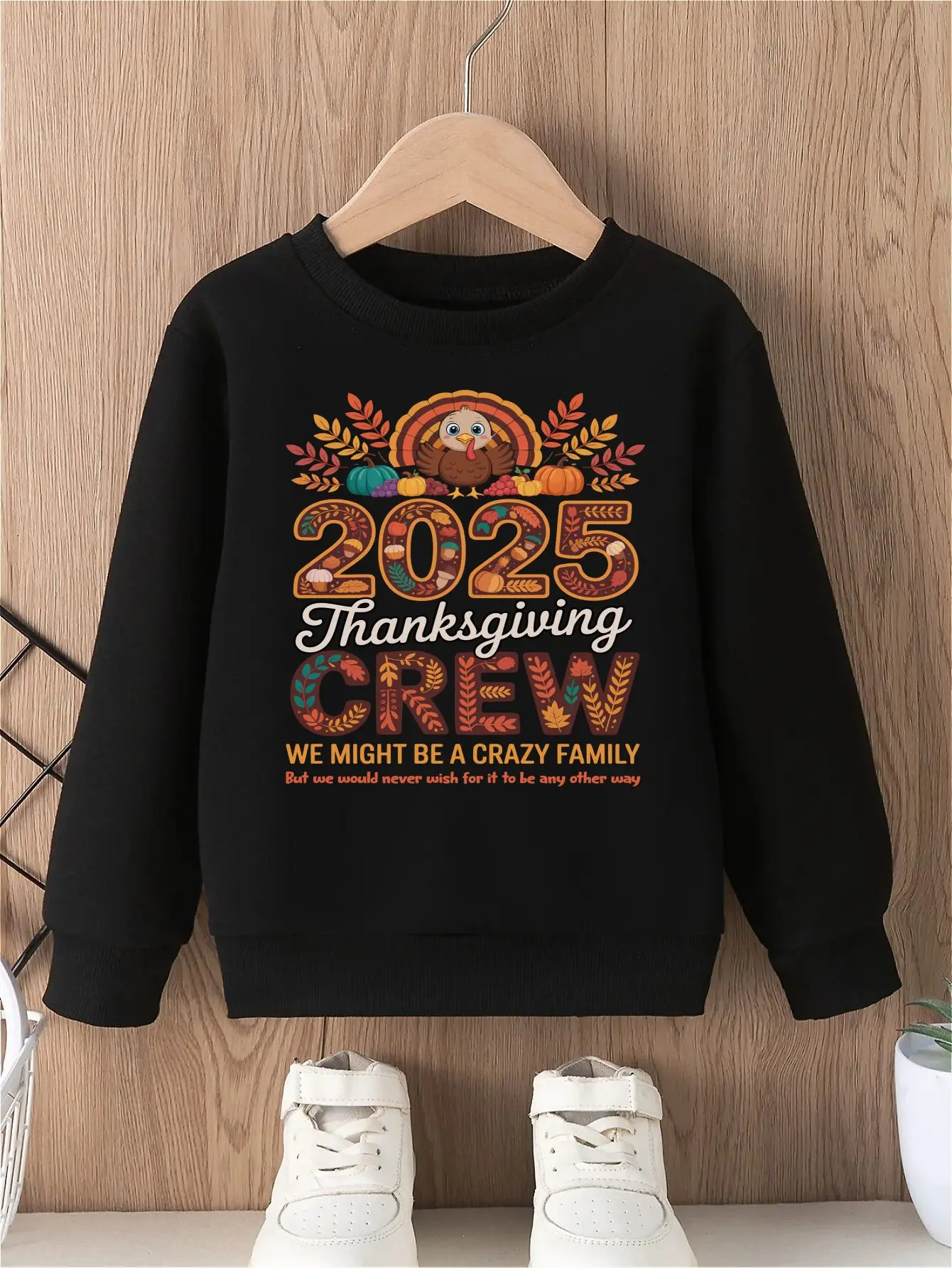 2025 Thanksgiving boy's sweatshirt without hood featuring a festive turkey print pattern, comfortable stylish long-sleeved top