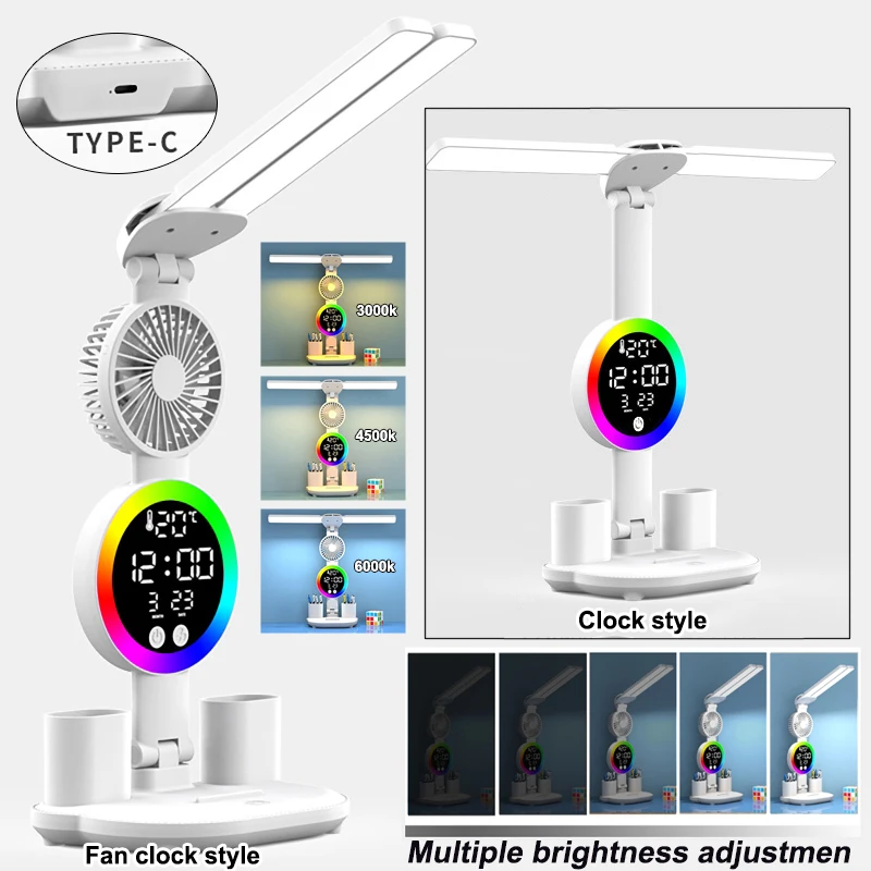 

Многофункциональная настольная лампа, светодиодная 2-главая складная вентилятор, часы-календарь, USB перезаряжаемая настольная лампа, 3200 мАч, прикроватная настольная лампа для чтения