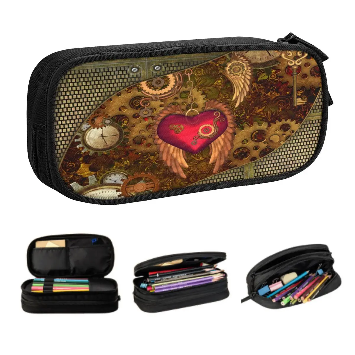 Steampunk Heart With Wings Pencil Cases for Boy Girl Large Storage Metal Mechanical Gears Pen Bag Box Stationery