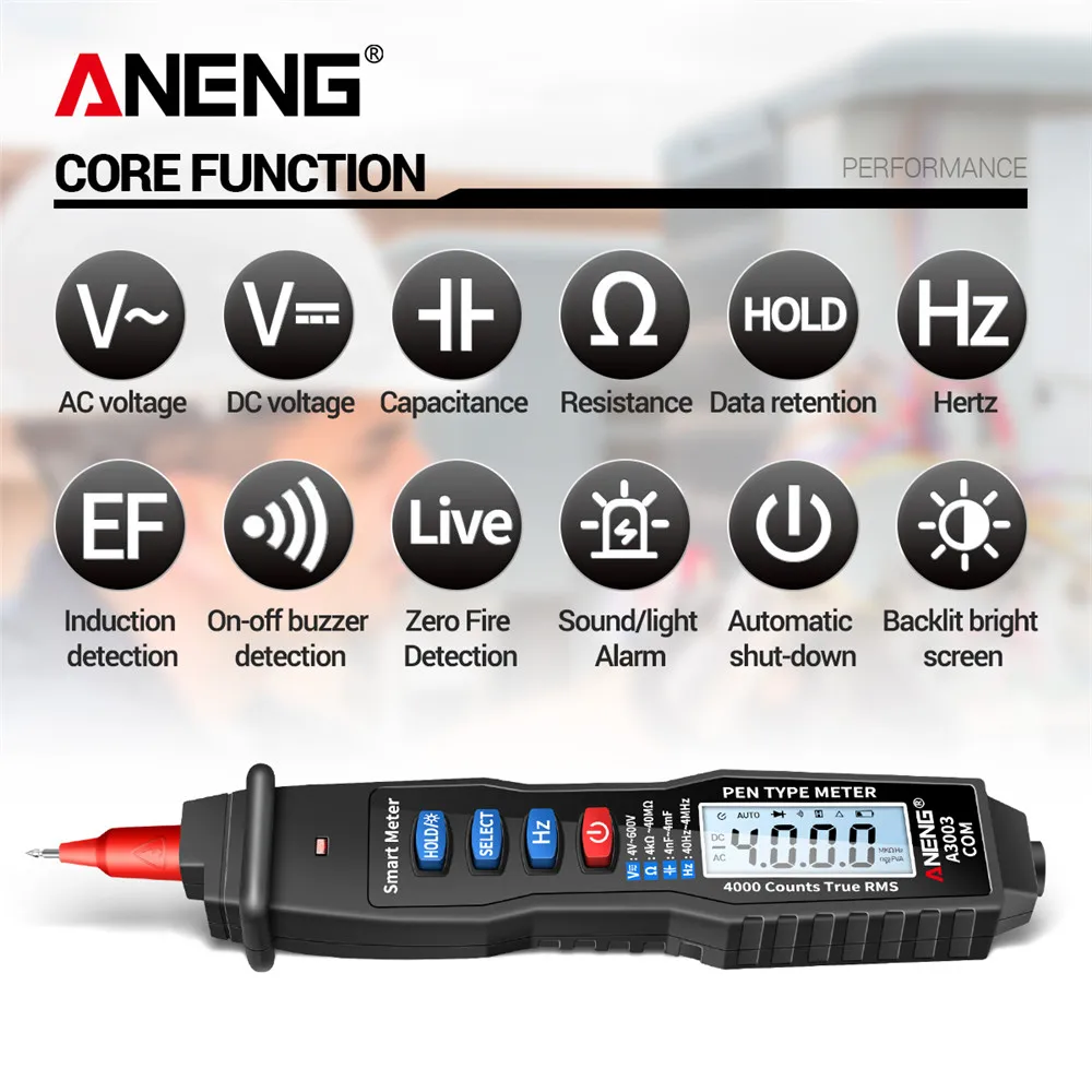 ANENG-multímetro Digital A3003, medidor tipo bolígrafo, 4000 recuentos, sin contacto, CA/CC, resistencia de voltaje, capacitancia Hz, herramienta de prueba, negro