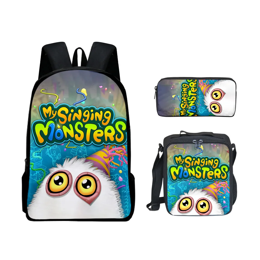 Hip Hop Popular nuevo mis monstruos cantantes impresión 3D 3 unids/set mochilas escolares para estudiantes mochila para ordenador portátil bolsa de almuerzo estuche para lápices