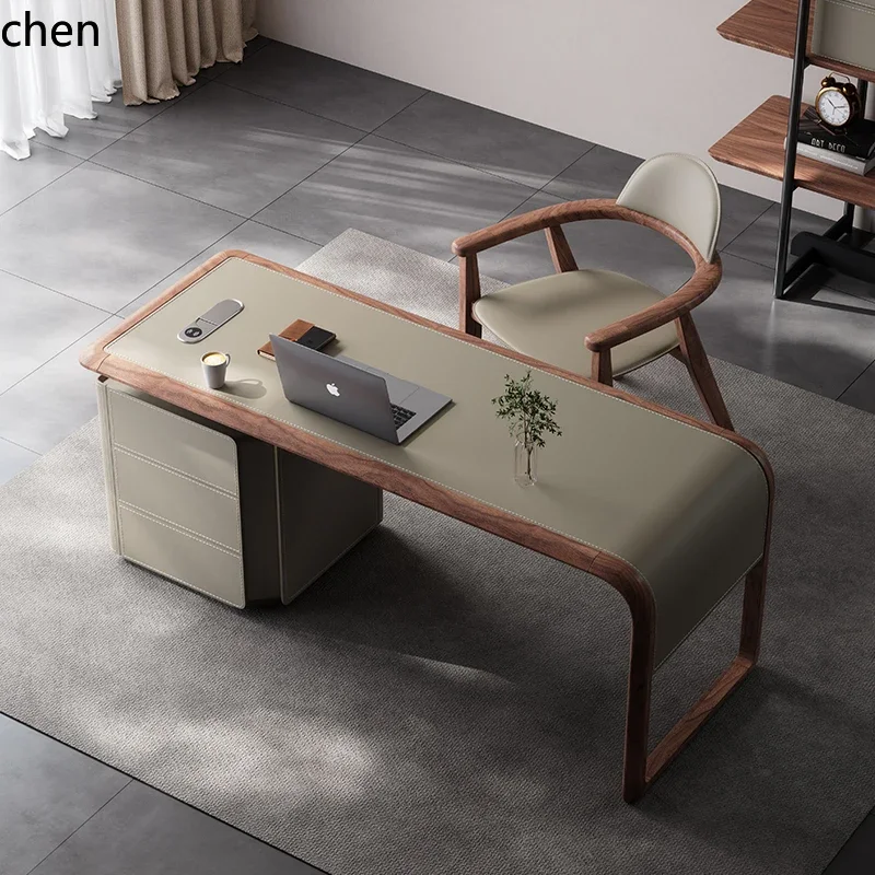 saddle leather desk minimalist with auxiliary cabinet computer desk solid wood high-end creative desk and chair combination