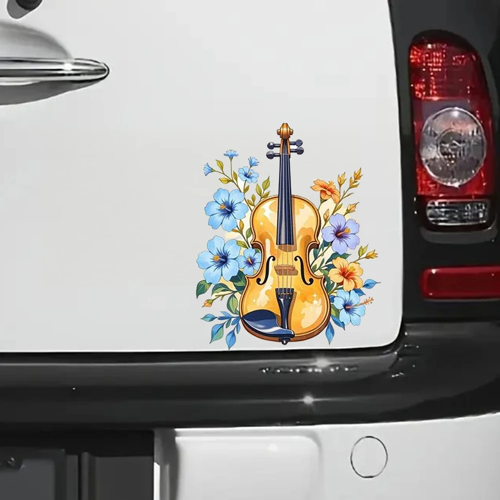 QT2514#Cute Violin Flower Decal Sticker Waterproof Vinyl Stickers for Car, Laptop, Wall and Glass Surface