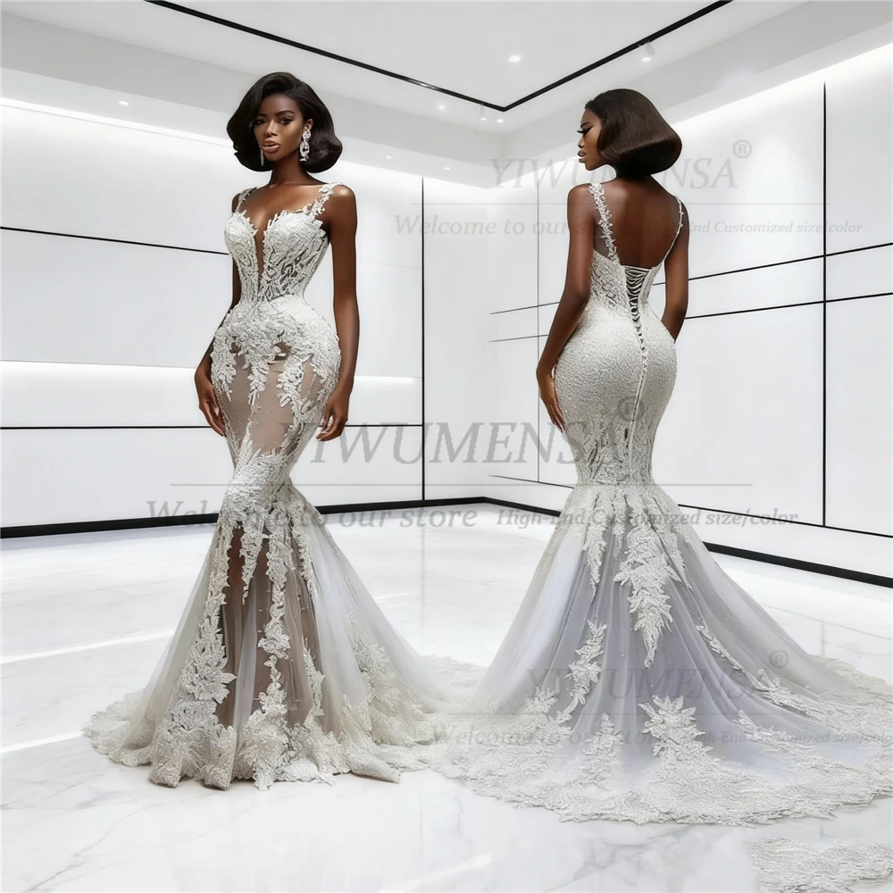 

Aso Ebi African Mermaid Wedding Dresses Customized Sweetheart Beads Applique Bridal Gowns Spaghetti Straps Bride Reception Dress