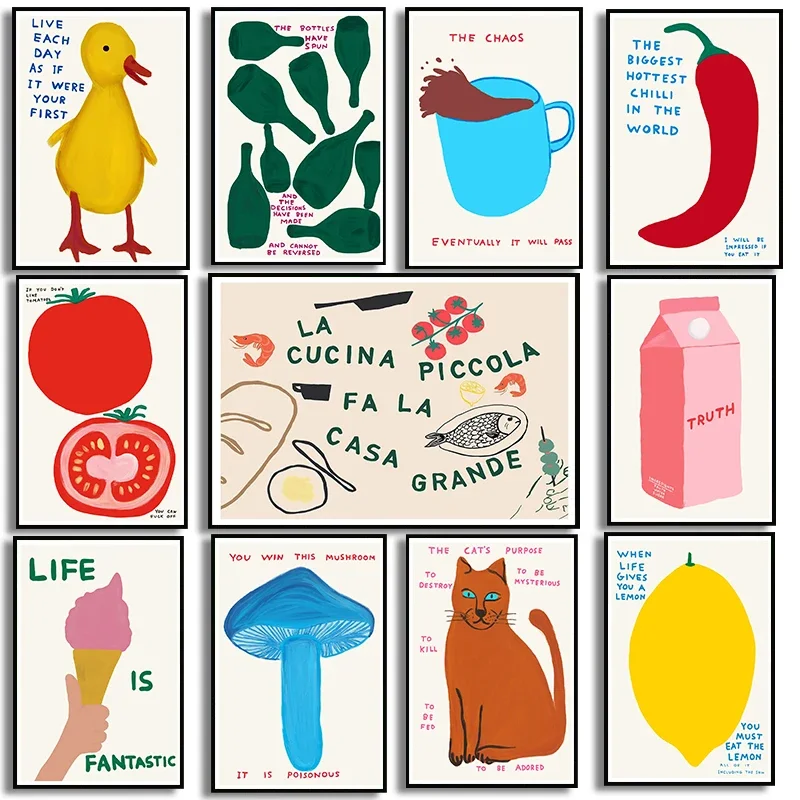 David Shrigley cita divertida arte de pared comida fruta té leche vino carteles impresiones en lienzo para decoración de cocina cafetería