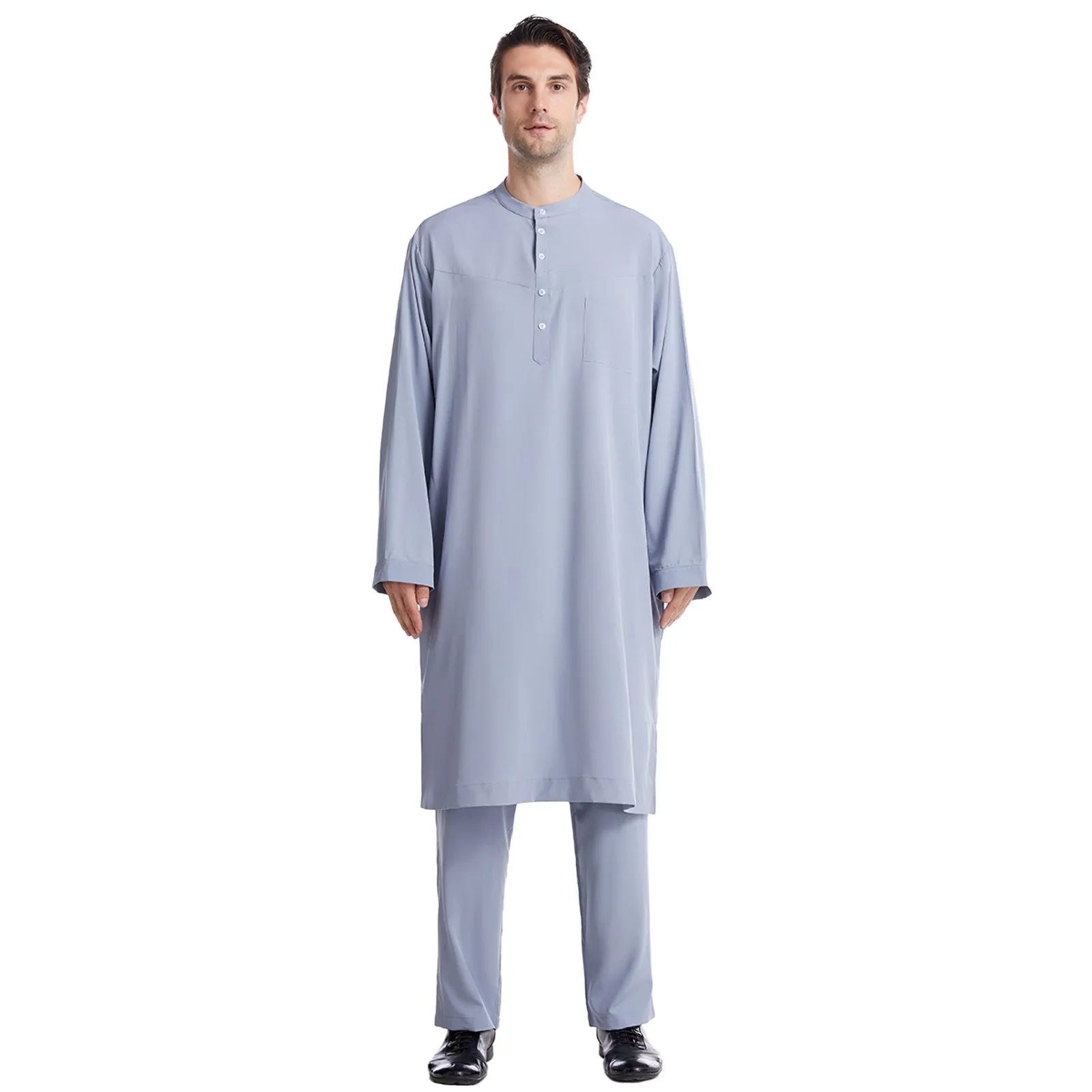 Men's Casual Middle Button Down Pocket Muslim Robe Trousers Two Piece Set Muslim garment robe Costume Juba Sobi Traditional