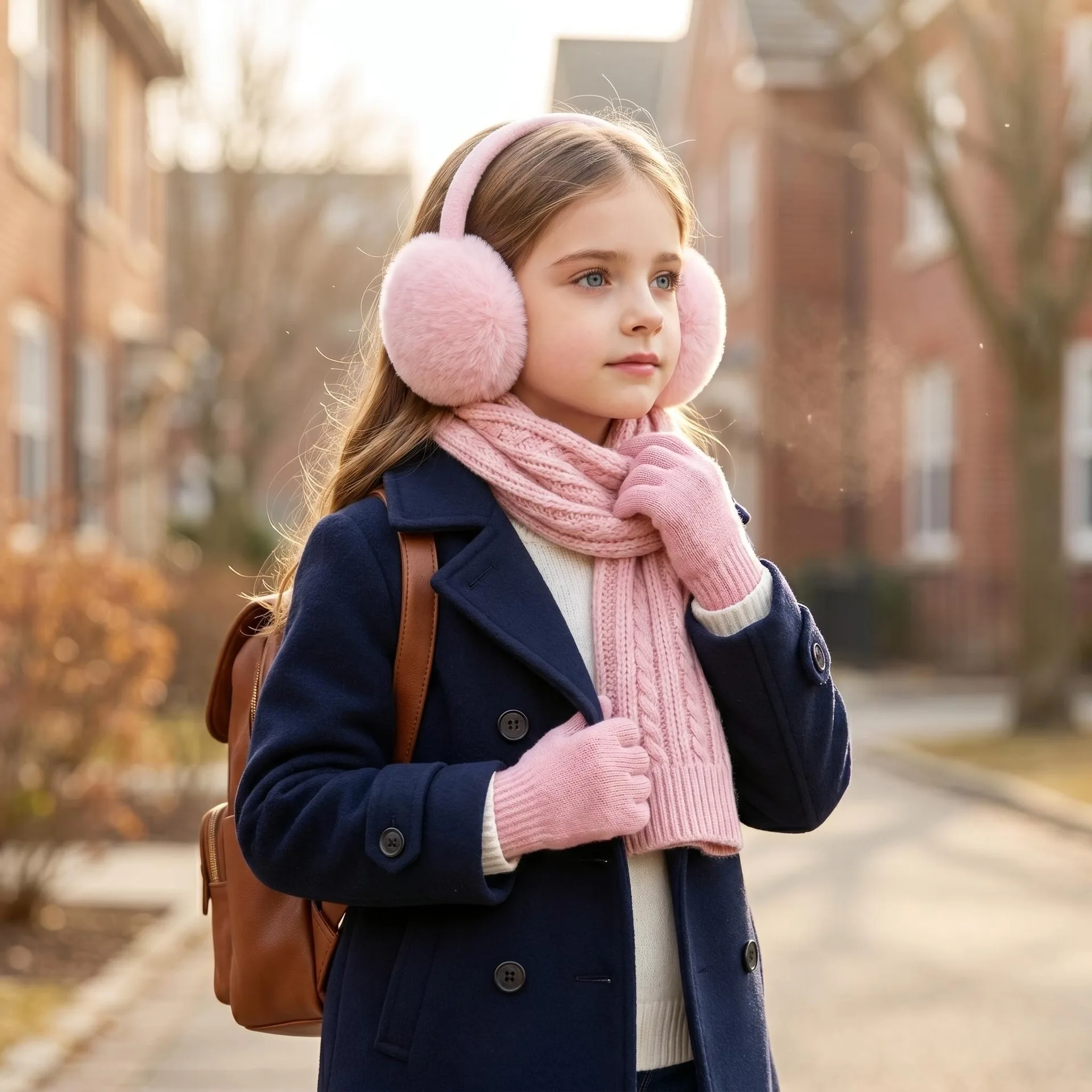 Kids Winter Earmuffs Scarf Gloves Set Solid Color Warm Knit Neck Scarf Full Finger Glove for Boys Girls Winter Accessories 3-10Y view 6