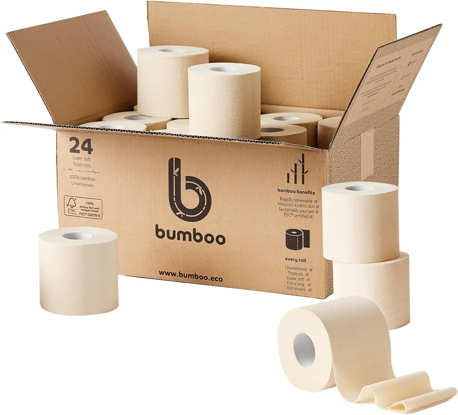 

Unbleached Bamboo Toilet Paper 24 Rolls, 3-Ply, 300 Sheets Each, Eco-Friendly, Plastic-Free, Soft & Strong, Beige