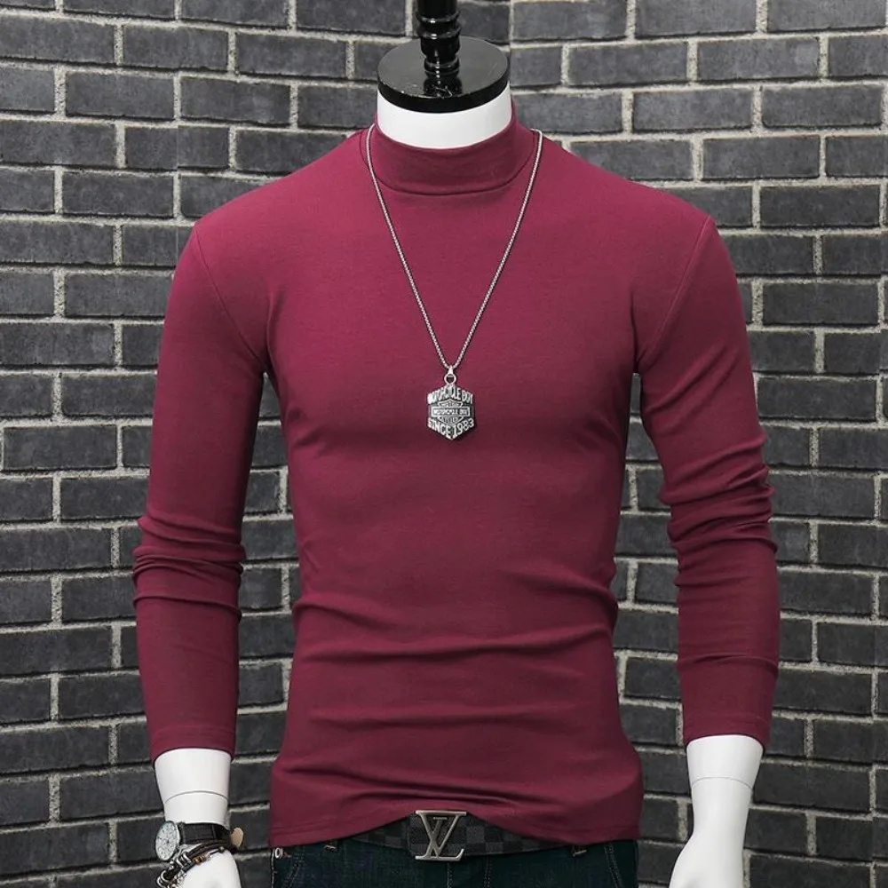 Fashion Men\'s Autumn Winter T-Shirt Casual Turtleneck High Collar Long Sleeves Solid Color Slim Top Clothes Outerwear Undershirt