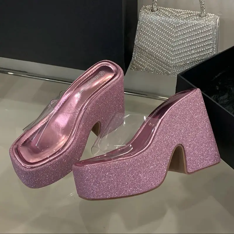 Pink Platform Heels Slippers 12cm Chunky Heeled Sandals For Woman PVC Clear Block Shoes Silver Summer Sandals Ladies Sandales