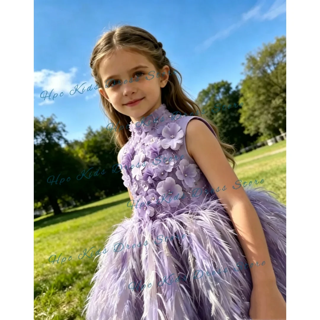 Custom Blue Feather Flower Girl Dress, 3D Floral Applique Wedding Sleeveless Tulle Gown for Birthday Party Kids Formal Wear