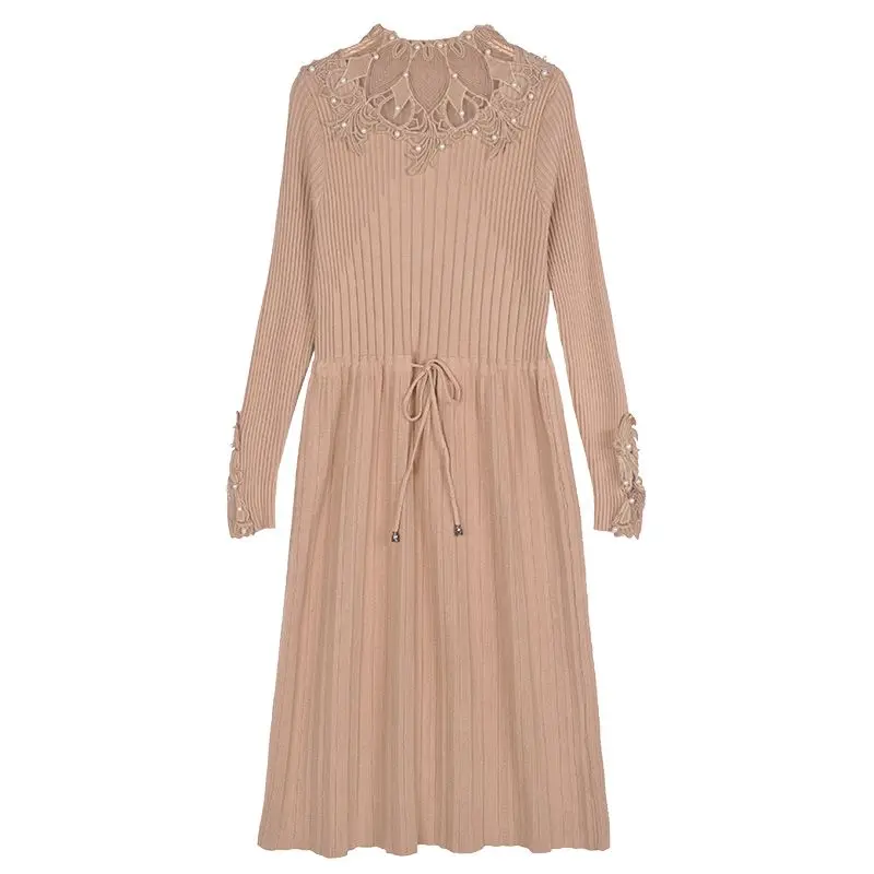 فستان تريكو طويل عالي الجودة للنساء لخريف وشتاء 2026 قميص قاع جديد على الطراز الغربي سترة نسائية ضيقة من الدانتيل #5