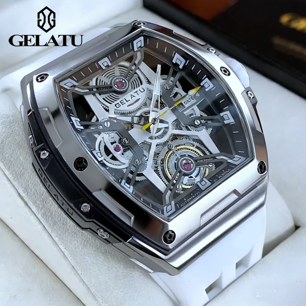 

GELATU Top Brand Men's Watches Classic Fashion Tonneau Dial Silicone Strap Original Automatic Mechanical Wristwatch Self-winding