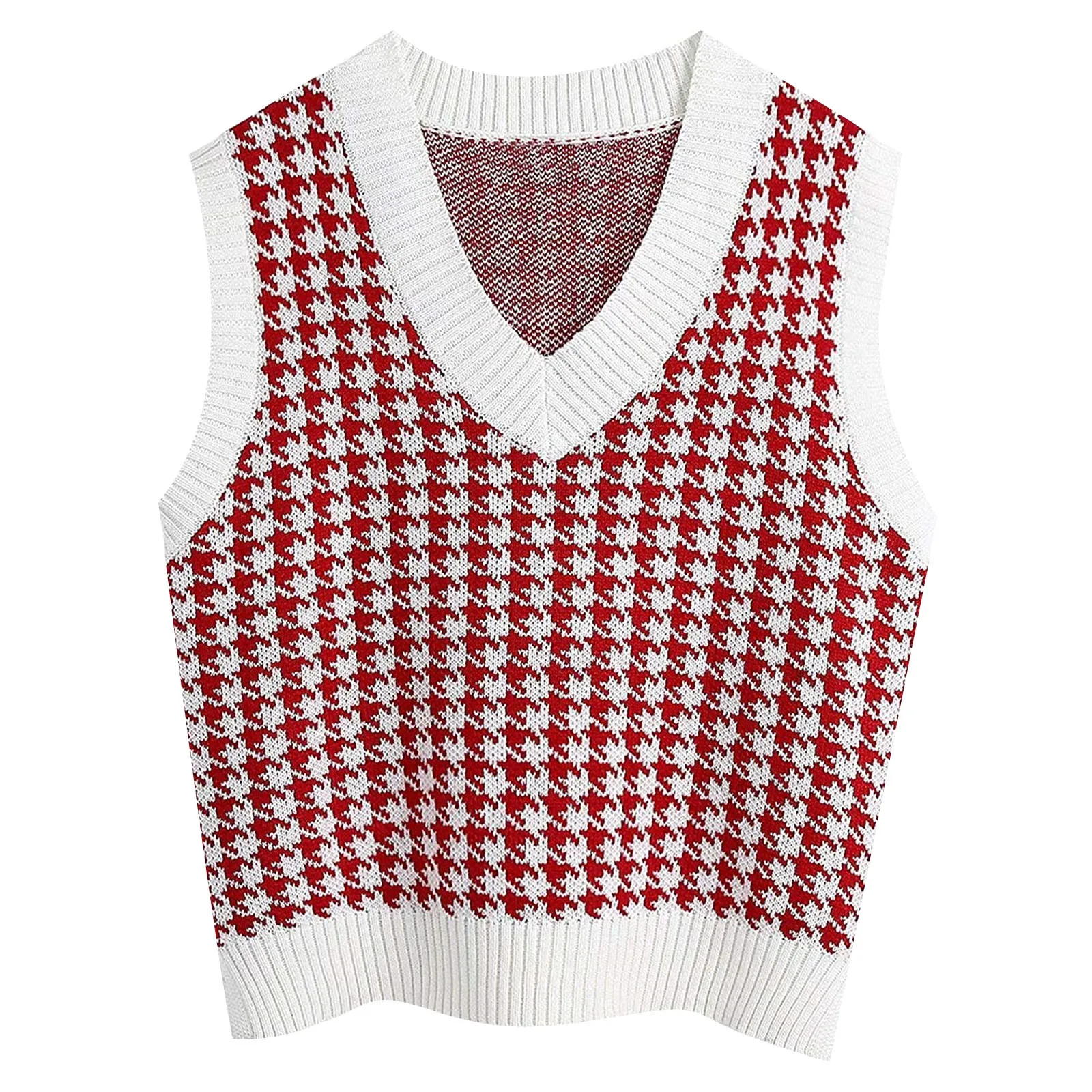 2024 Casual Knitted Fall Winter Sweet Jumper Korean Knitwear Sleeveless Geometric Houndstooth Sweater Vest Women V Neck Pullover