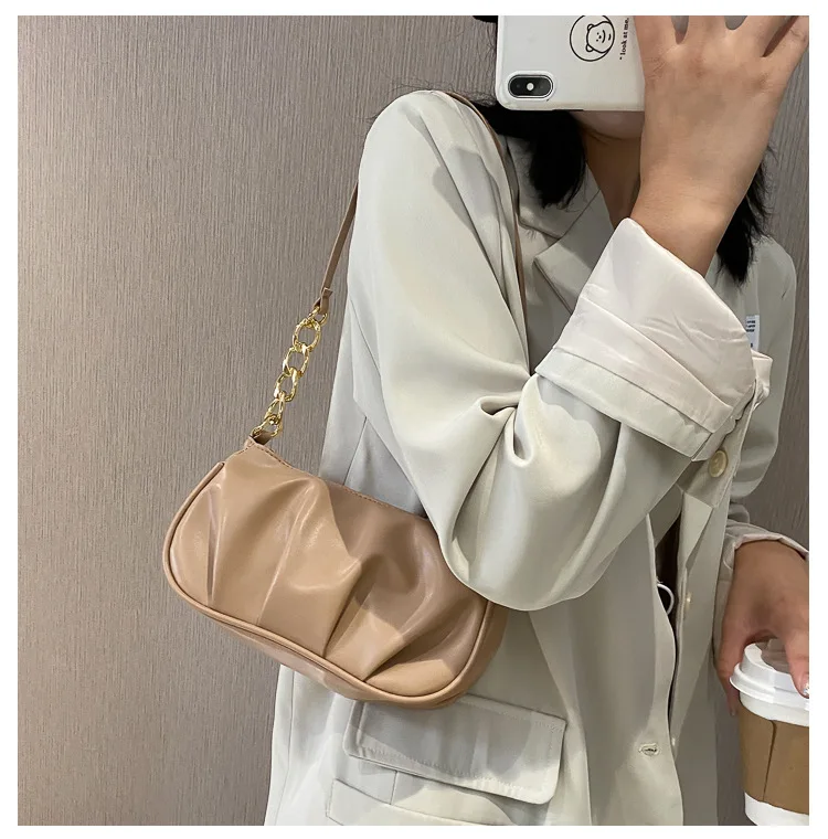 Women Fashion Chain Shoulder Bag, Solid Color Zipper PU Leather Handbag (White, Khaki, Black, Brown)