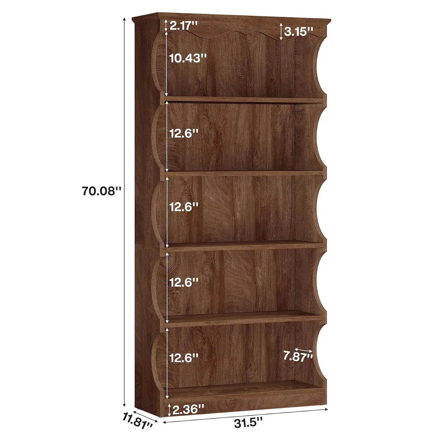 5-Tier Curved-Edge Bookcase, Vintage Wooden Free-Standing Display Shelf for Living Room & Office, 70-Inch, Customized