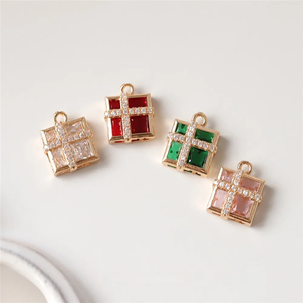 Copper-plated Gold Slightly Inlaid Zircon Christmas Style Multi-colored Gift Box Pendant DIY Bracelet Handmade Charm Accessories