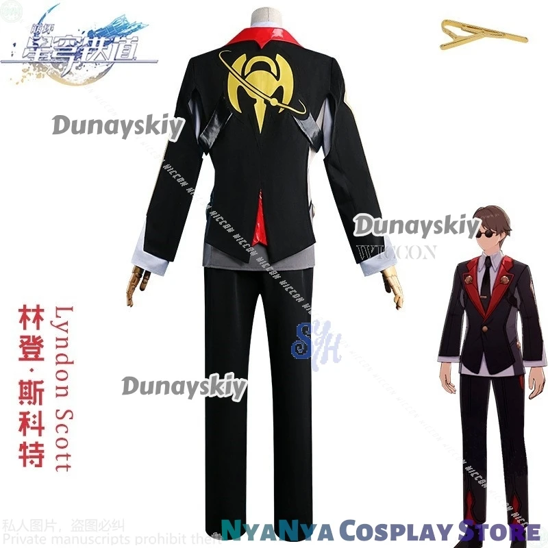 Lyndon scott jogo honkai: star rail cosplay anime traje preto vermelho uniforme calças óculos de sol perucas halloween festa de natal cos