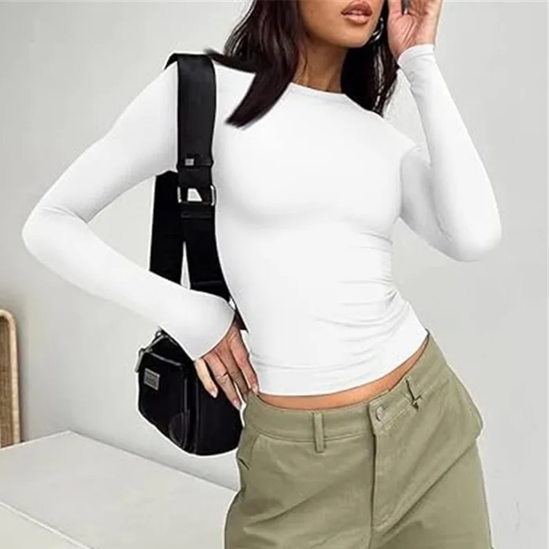 

Europe America Autumn and Winter New Solid Color Long-sleeved Pullover Short T-shirt Top