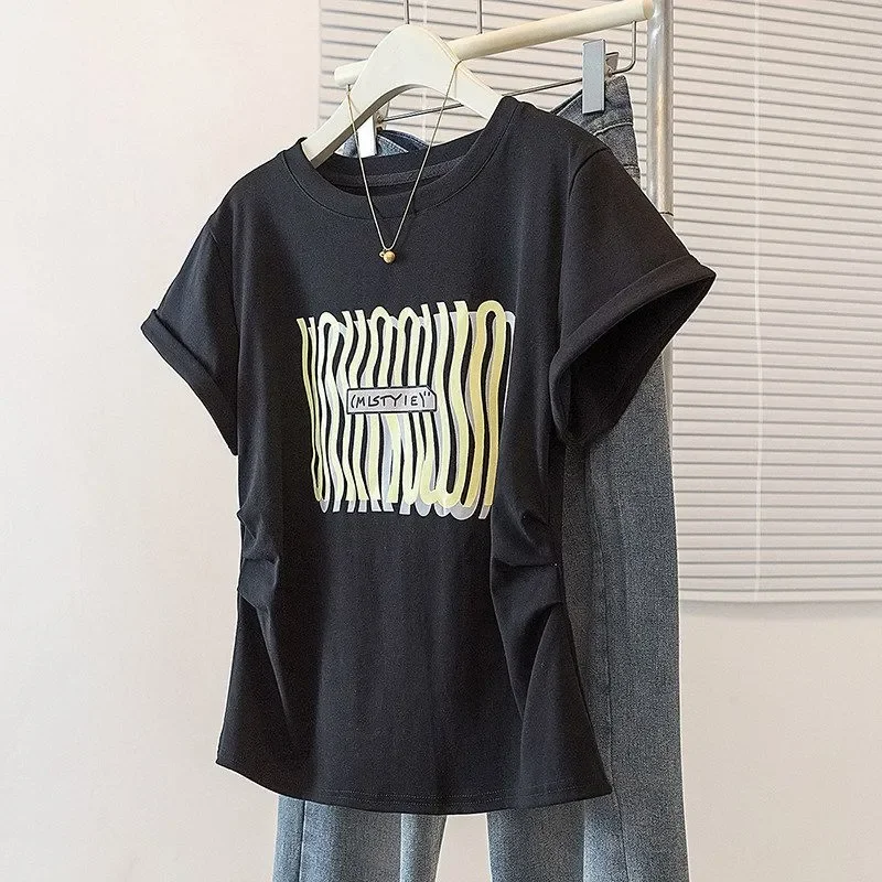 Plus Size Women's Cotton T-shirt Ruched Waist Positive Shoulder Summer Casual Tee