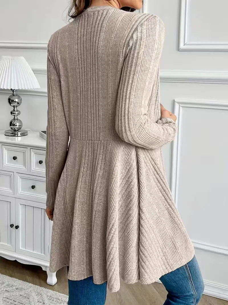 Schwarzer gerippter Strick-Cardigan für Damen, vorne offen, langärmlig, A-Linie, mittellang, lässige, lockere Oberbekleidung für Frühling und Herbst – Detail 12