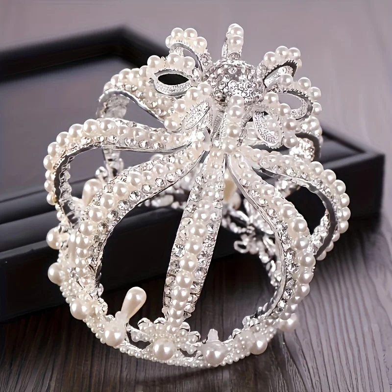 Luxury Silvery Gold Color Tiaras And Crown Simulated Pearls Crystal Rhinestone Diadems For Bride Women Wedding Hair Accessories image 3