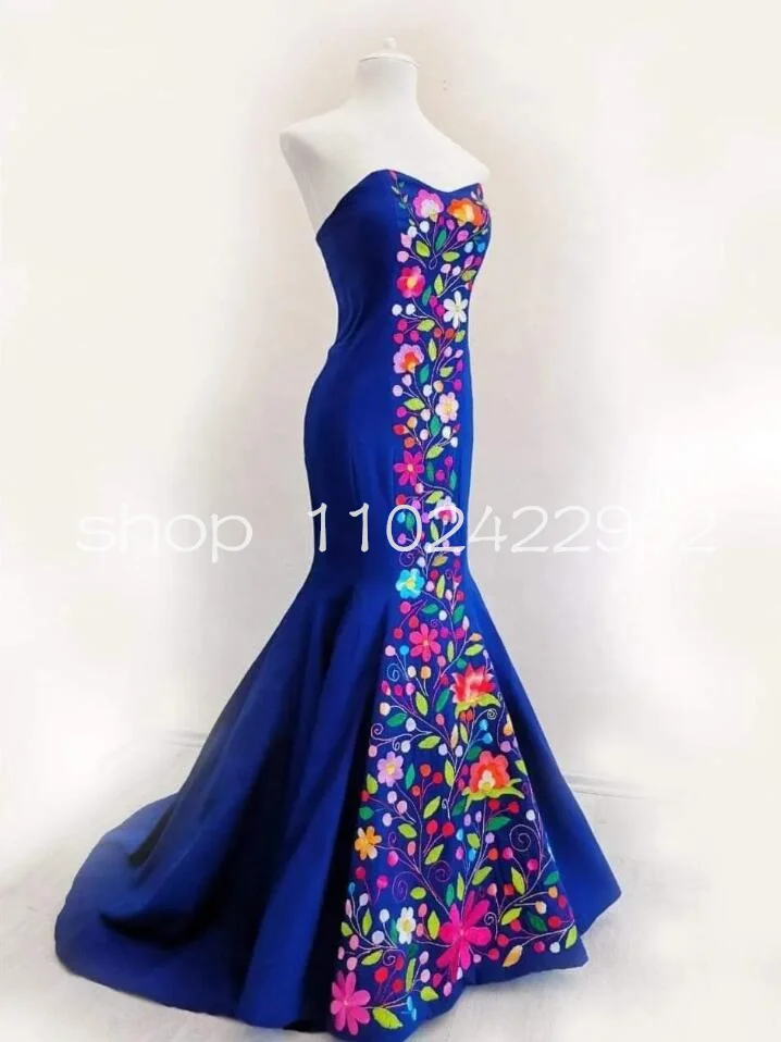 Personalizado sereia mexicano vestidos de casamento azul real flores bordado sem alças espartilho cetim vestido de noiva bordado