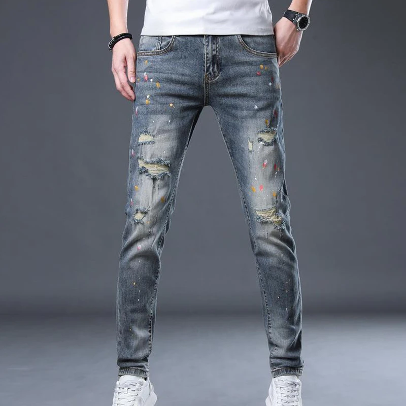 High Stree jeans With Holes For Men's Thin Fashion Brand Slim Feet Summer Black Cowboy Hip Hop Korean Style High Quality pants