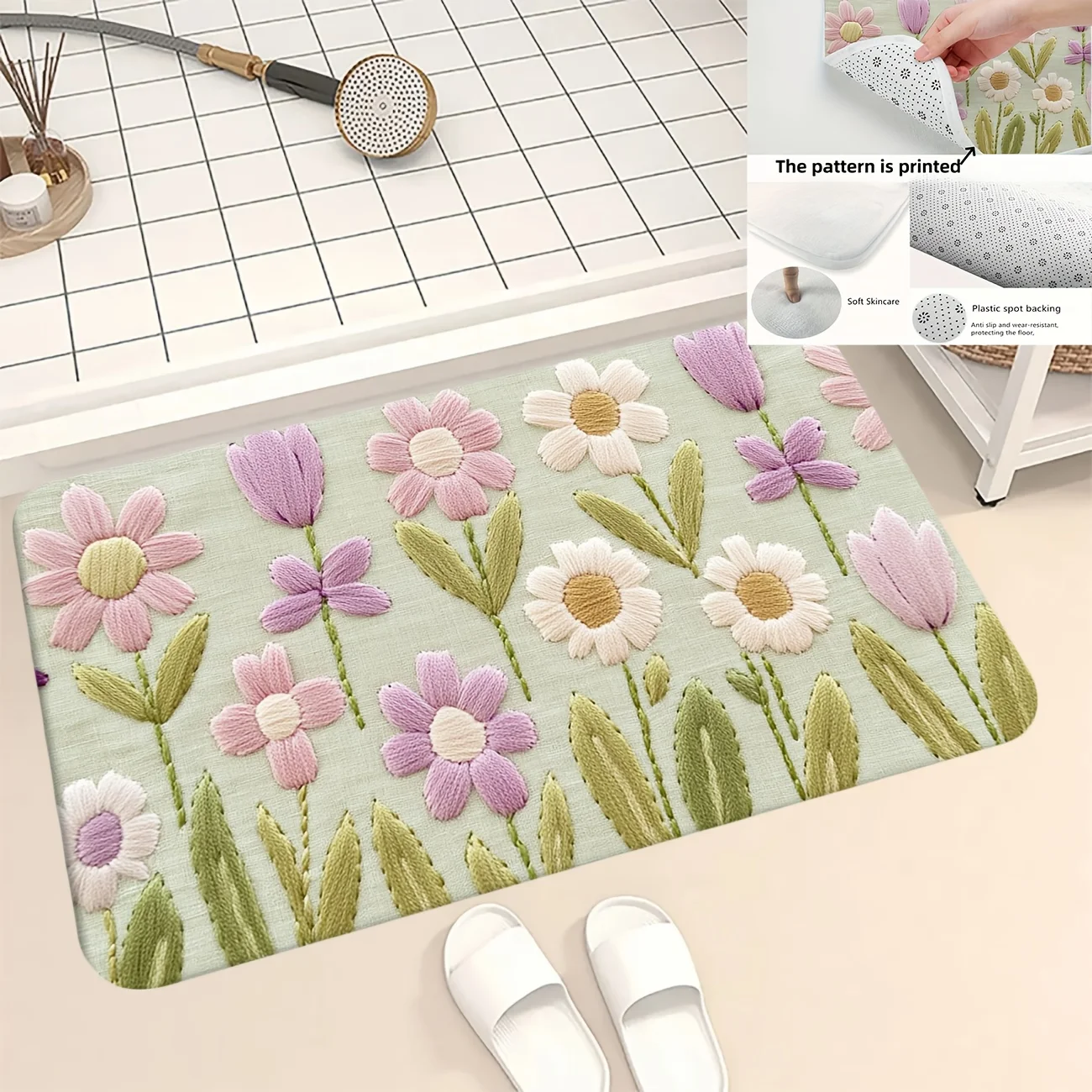 Mint Green Daisy Tulip Bath Mat, Non-Slip Machine Washable Rug, Floral Kitchen Bathroom Decor, Ideal Housewarming Gift