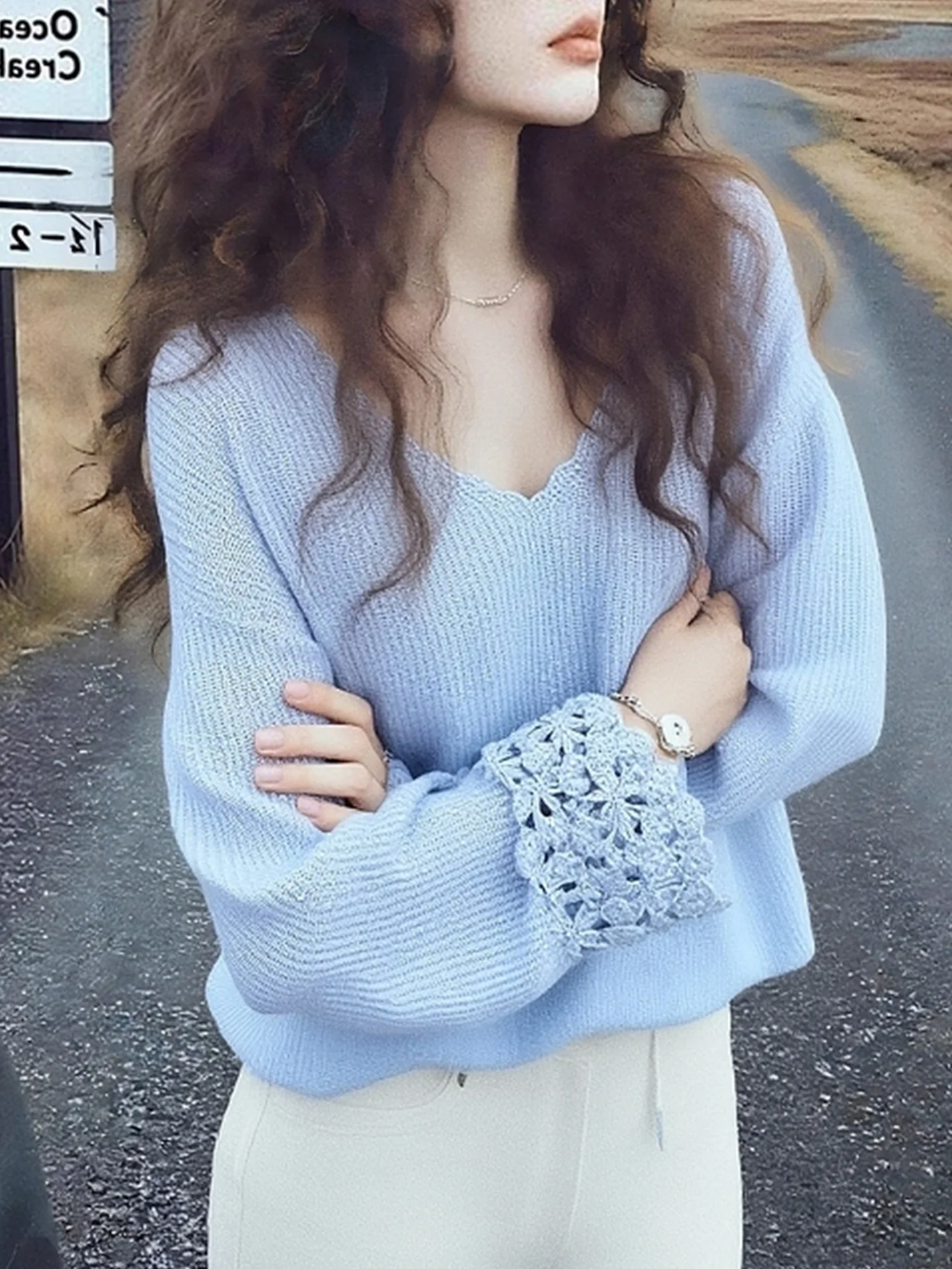 2025 Winter Commute V-Ne Long Sve Knitted Sweater Hollow out Camere Women's Loose Fit Pure Color Faion Korean Sle