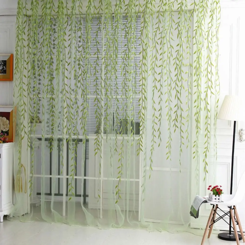 

Tulle Curtain Willow Leaf Curtain Pastoral Style Green Window Drapes Elegant Gauze Sheer Curtains Home Decoration