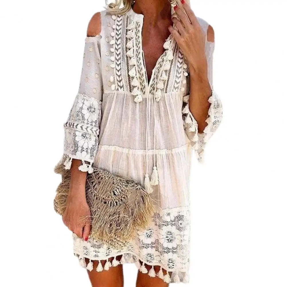 Robe en dentelle à franges à manches longues pour femmes, robe droite sexy, robe sans bretelles, col en V profond, robe d'été décontractée, robe de vacances Boho