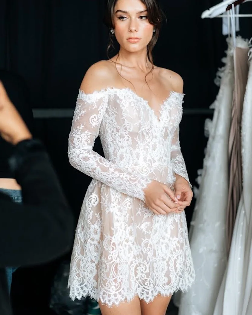 Vestido De novia De manga larga con escote Corazón, minivestido De encaje completo, hecho a medida, Formal, 2025