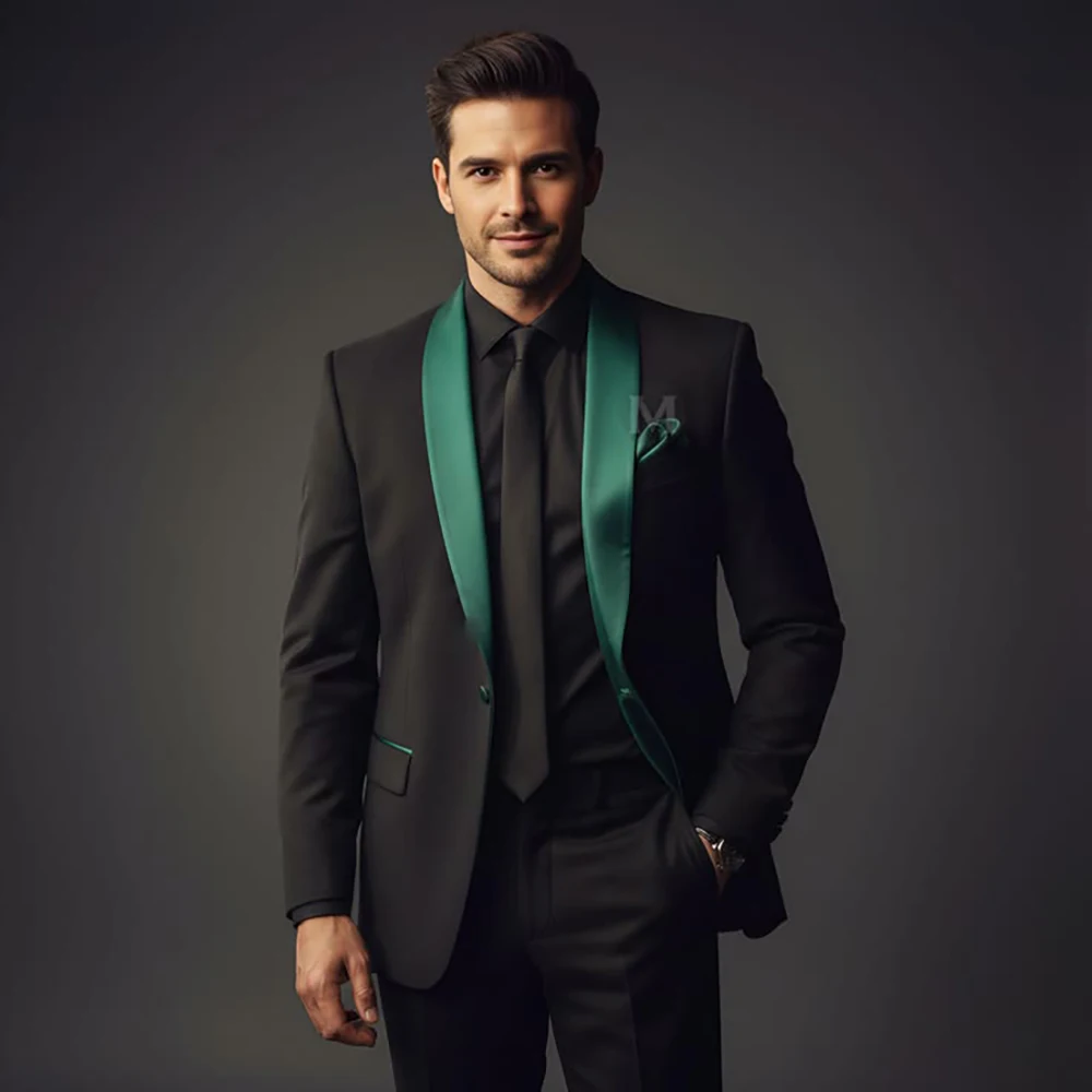 

High Quality Men's Suits Formal Business Blazer 2 Piece Jacket Pants Sets Elegant One-Buton Green Shawl Lapel Slim Fit Outfits