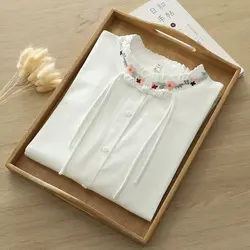 2026 Mori Girl Japan Style Spring Stand Collar Long Sleeve White Embroidery Shirts and Blouses Designer Camisas De Mujer